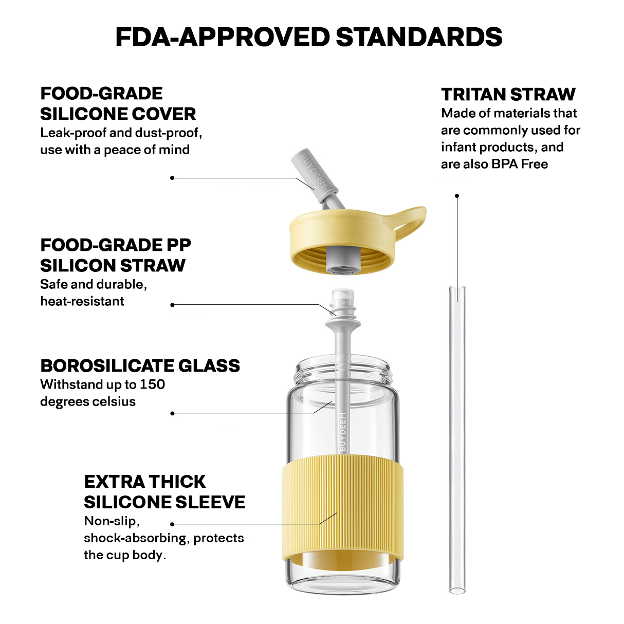 Buydeem Portable Glass Water Bottle with Straw 500ML