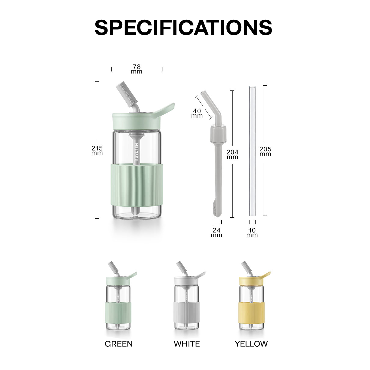 Buydeem Portable Glass Water Bottle with Straw 500ML