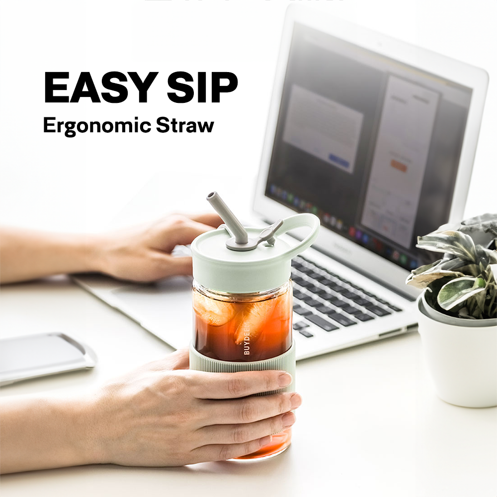 Buydeem Portable Glass Water Bottle with Straw 500ML