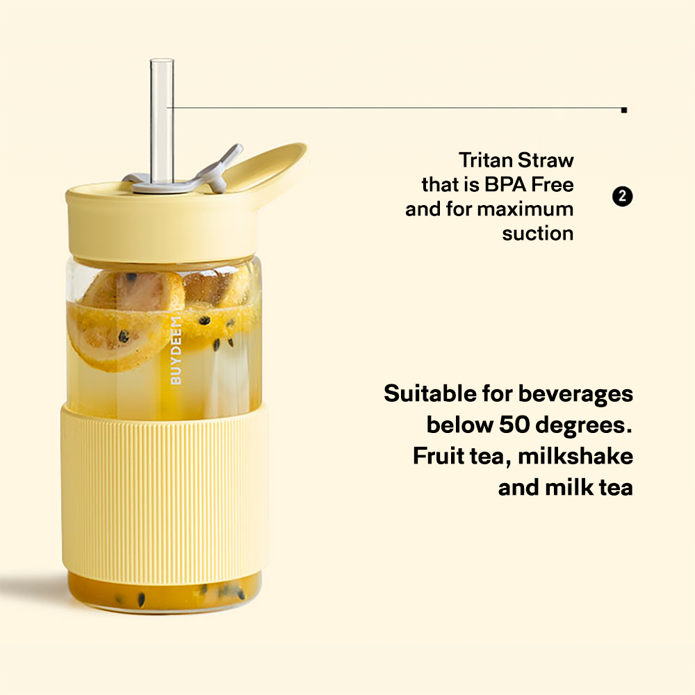 Buydeem Portable Glass Water Bottle with Straw 500ML