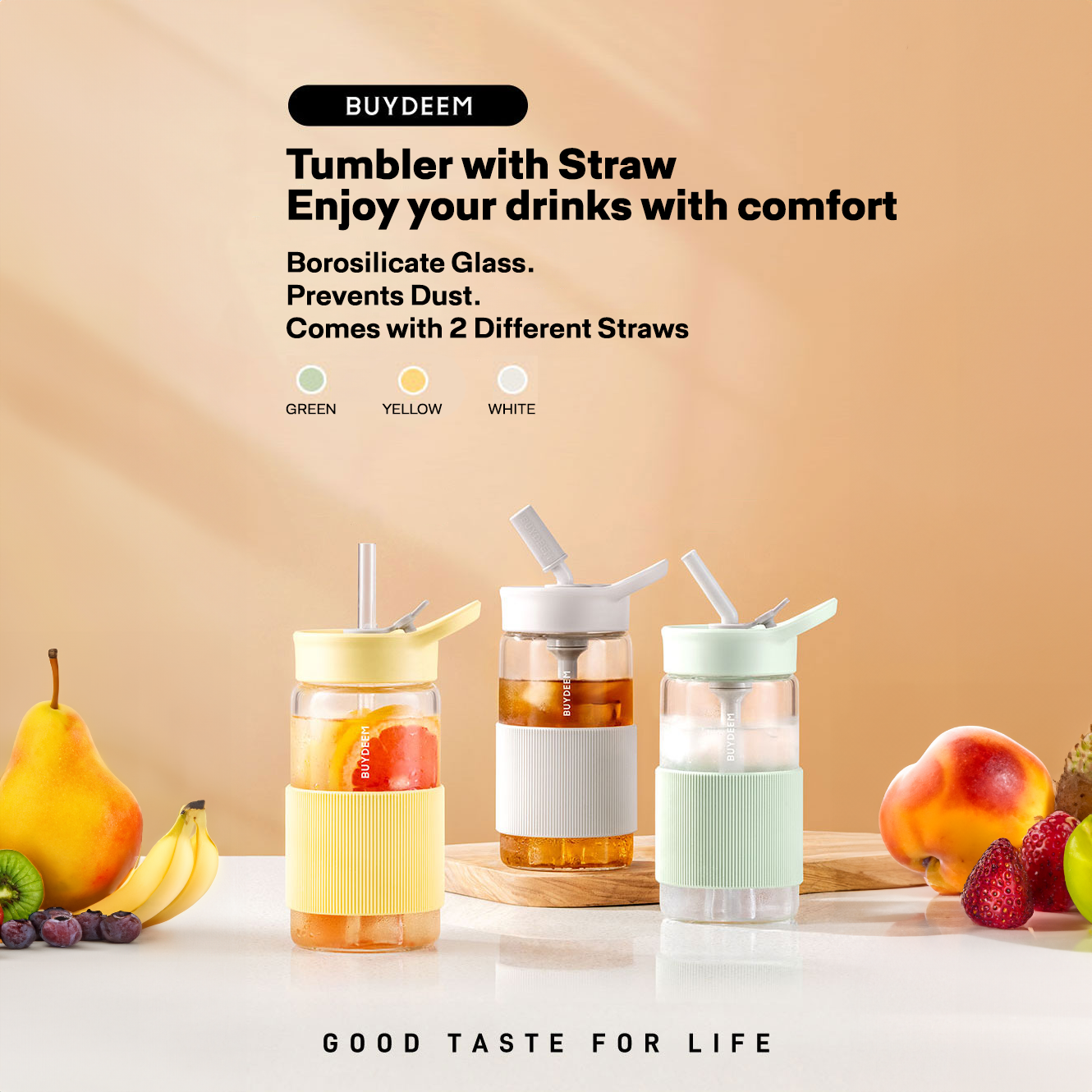 Buydeem Portable Glass Water Bottle with Straw 500ML