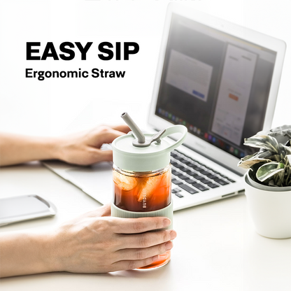 Buydeem Portable Glass Water Bottle with Straw 500ML
