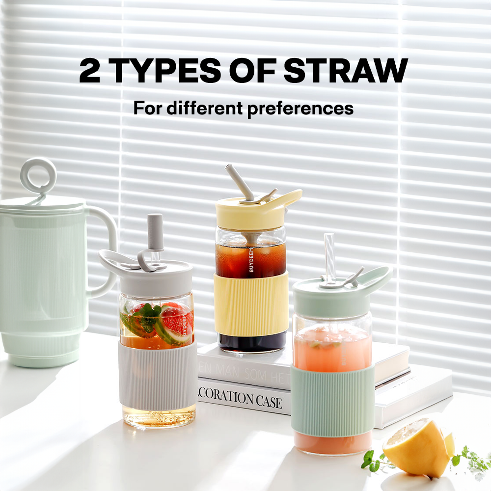 Buydeem Portable Glass Water Bottle with Straw 500ML